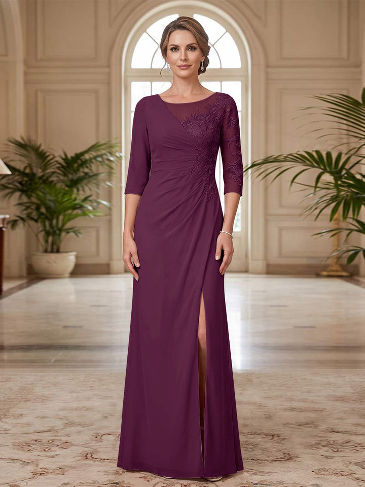 Sheath/Column Scoop 3/4 Sleeves Floor-length Mother of the Bride Dresses with Split Side &amp; Appliques