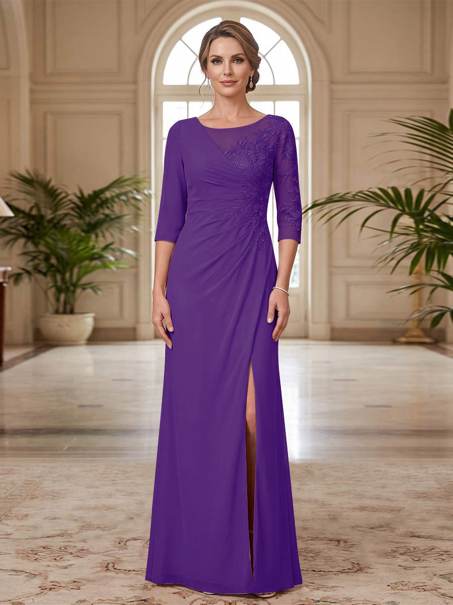 Sheath/Column Scoop 3/4 Sleeves Floor-length Mother of the Bride Dresses with Split Side &amp; Appliques