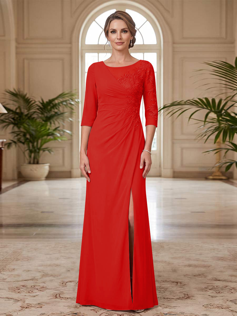 Sheath/Column Scoop 3/4 Sleeves Floor-length Mother of the Bride Dresses with Split Side &amp; Appliques