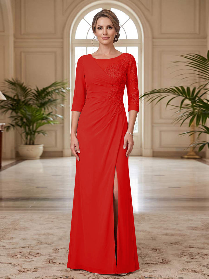 Sheath/Column Scoop 3/4 Sleeves Floor-length Mother of the Bride Dresses with Split Side &amp; Appliques