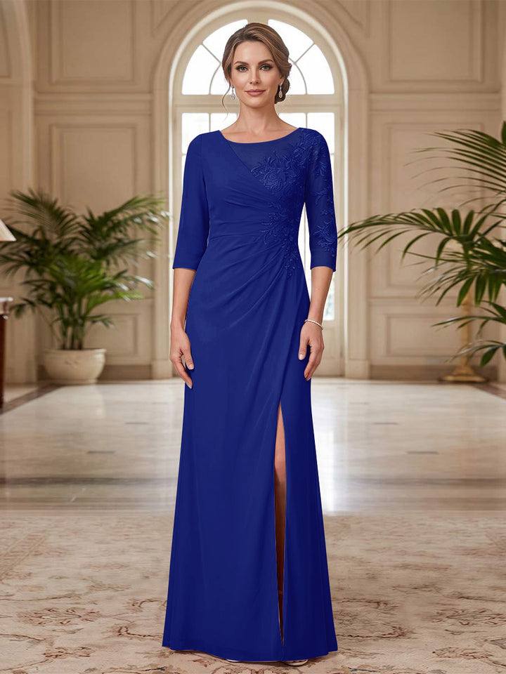 Sheath/Column Scoop 3/4 Sleeves Floor-length Mother of the Bride Dresses with Split Side &amp; Appliques