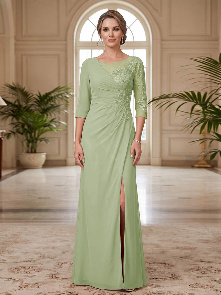 Sheath/Column Scoop 3/4 Sleeves Floor-length Mother of the Bride Dresses with Split Side &amp; Appliques