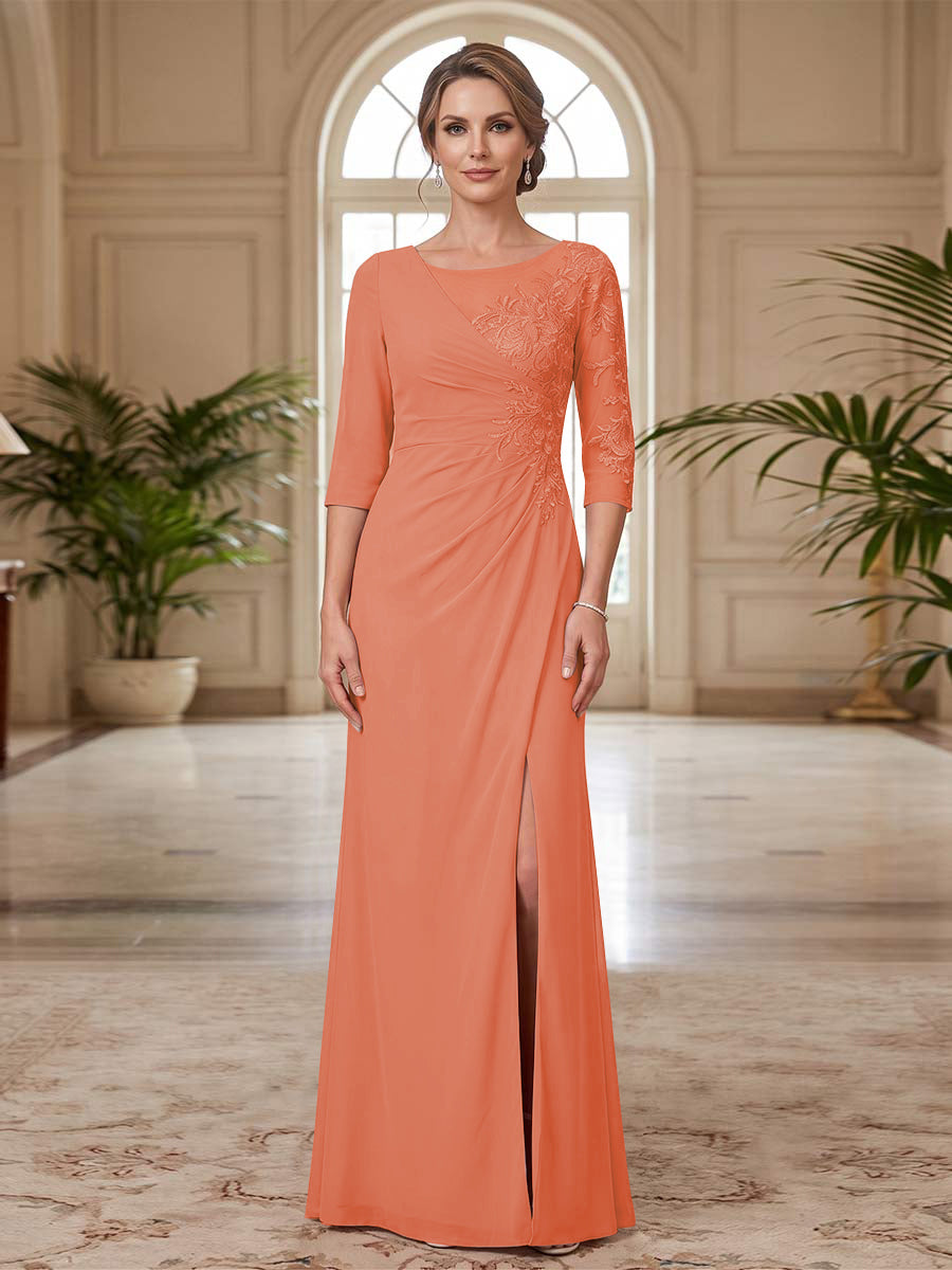 Sheath/Column Scoop 3/4 Sleeves Floor-length Mother of the Bride Dresses with Split Side &amp; Appliques