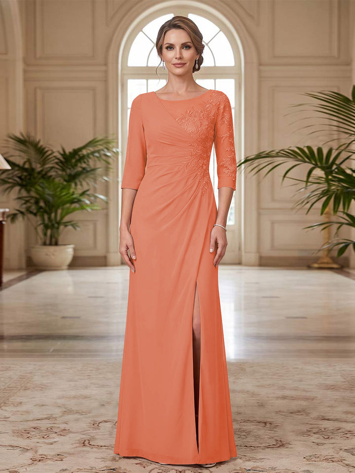 Sheath/Column Scoop 3/4 Sleeves Floor-length Mother of the Bride Dresses with Split Side &amp; Appliques