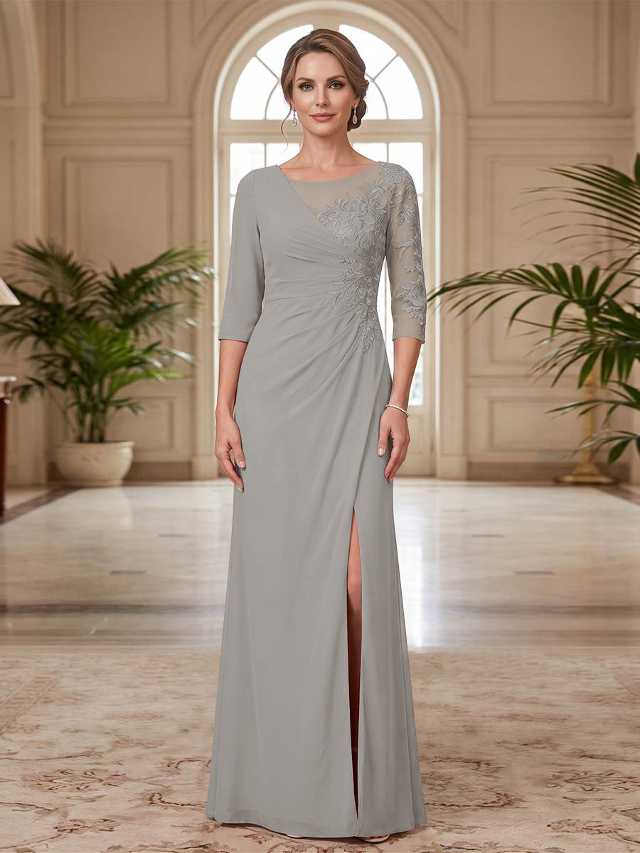 Sheath/Column Scoop 3/4 Sleeves Floor-length Mother of the Bride Dresses with Split Side &amp; Appliques