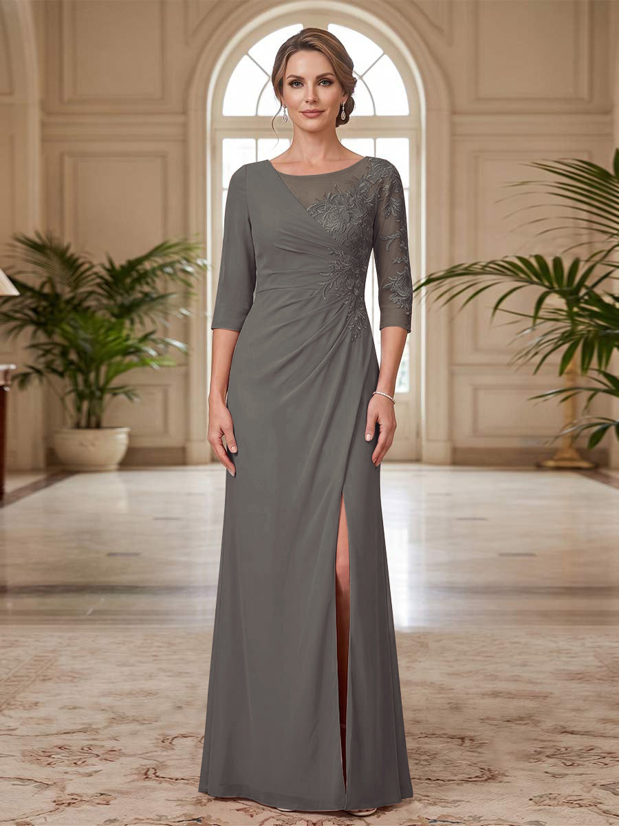Sheath/Column Scoop 3/4 Sleeves Floor-length Mother of the Bride Dresses with Split Side &amp; Appliques
