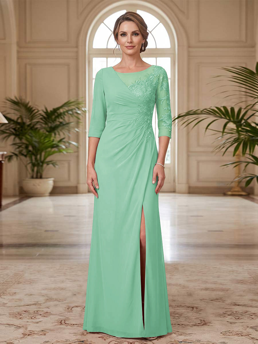 Sheath/Column Scoop 3/4 Sleeves Floor-length Mother of the Bride Dresses with Split Side &amp; Appliques