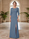 Sheath/Column Scoop 3/4 Sleeves Floor-length Mother of the Bride Dresses with Split Side & Appliques