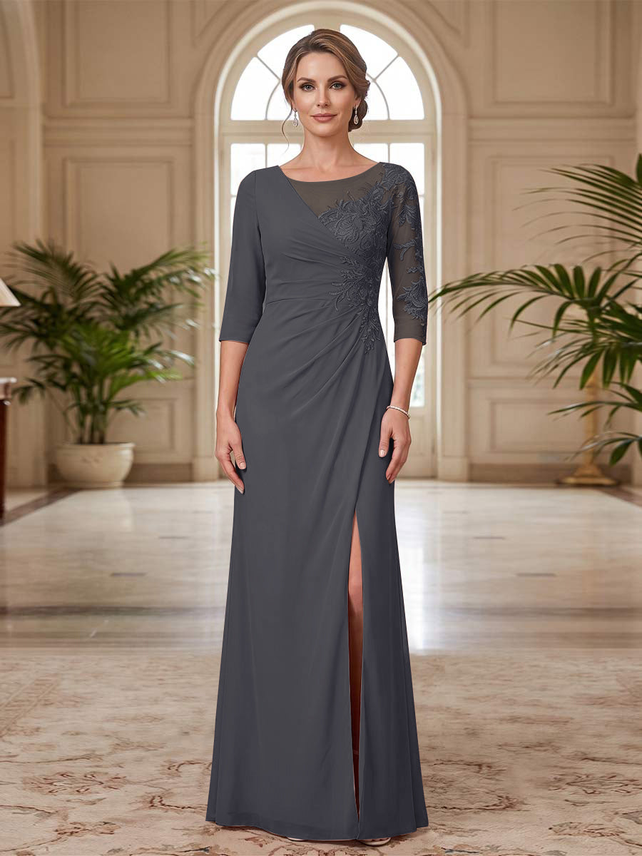 Sheath/Column Scoop 3/4 Sleeves Floor-length Mother of the Bride Dresses with Split Side &amp; Appliques