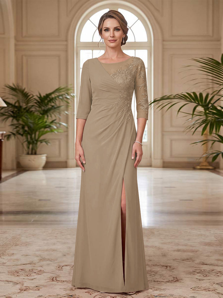 Sheath/Column Scoop 3/4 Sleeves Floor-length Mother of the Bride Dresses with Split Side &amp; Appliques