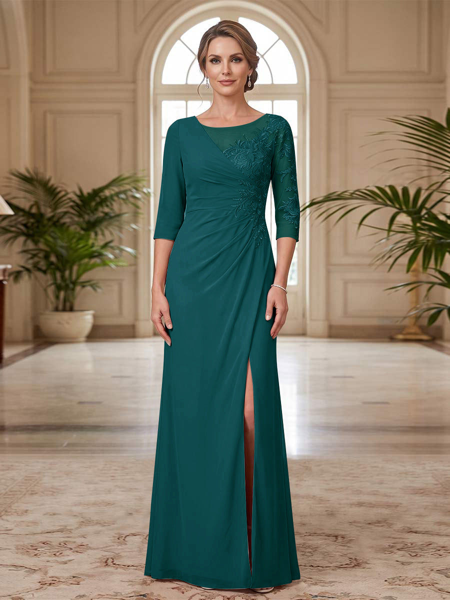 Sheath/Column Scoop 3/4 Sleeves Floor-length Mother of the Bride Dresses with Split Side &amp; Appliques