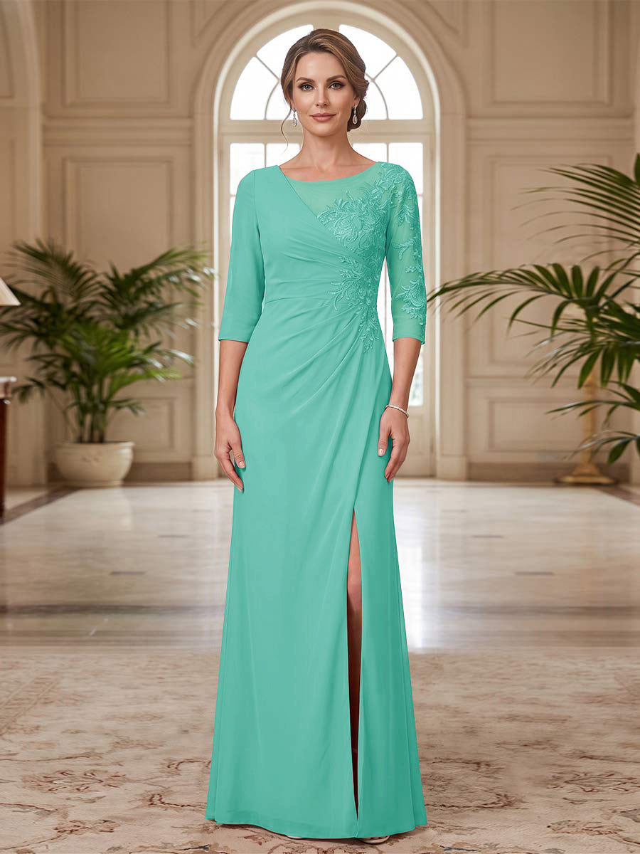 Sheath/Column Scoop 3/4 Sleeves Floor-length Mother of the Bride Dresses with Split Side &amp; Appliques
