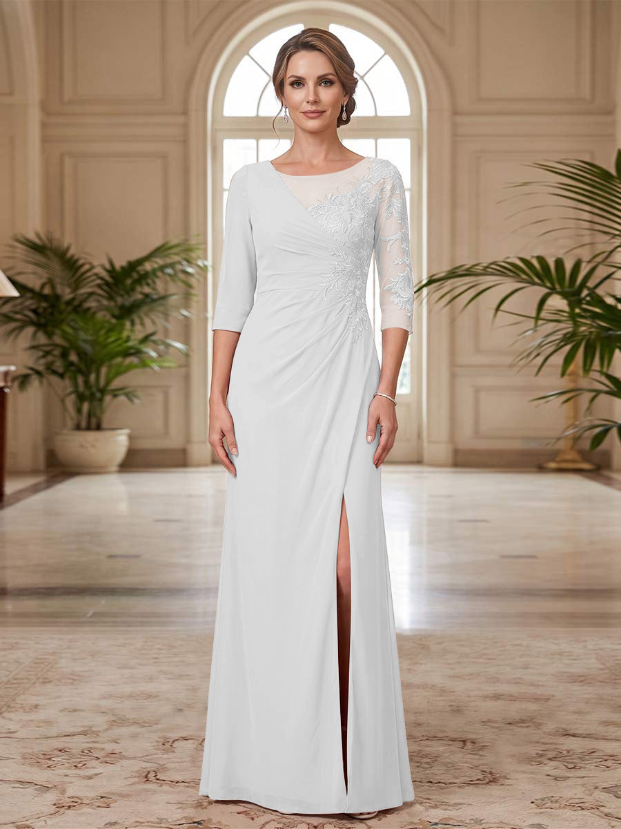 Sheath/Column Scoop 3/4 Sleeves Floor-length Mother of the Bride Dresses with Split Side &amp; Appliques