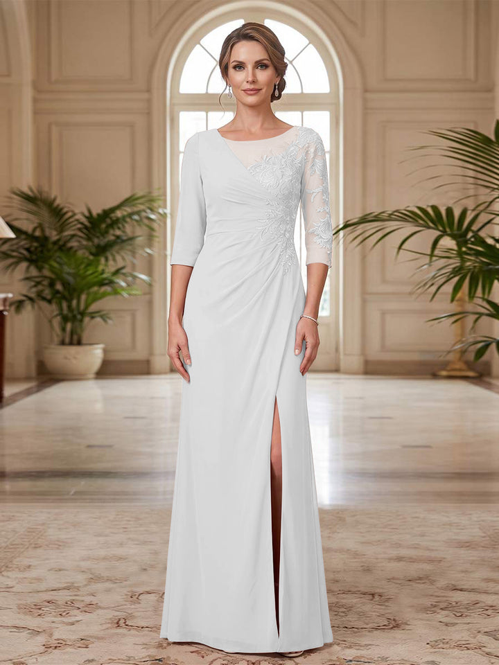 Sheath/Column Scoop 3/4 Sleeves Floor-length Mother of the Bride Dresses with Split Side &amp; Appliques