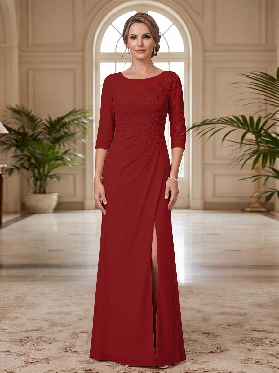 Sheath/Column Scoop 3/4 Sleeves Floor-length Mother of the Bride Dresses with Split Side &amp; Appliques