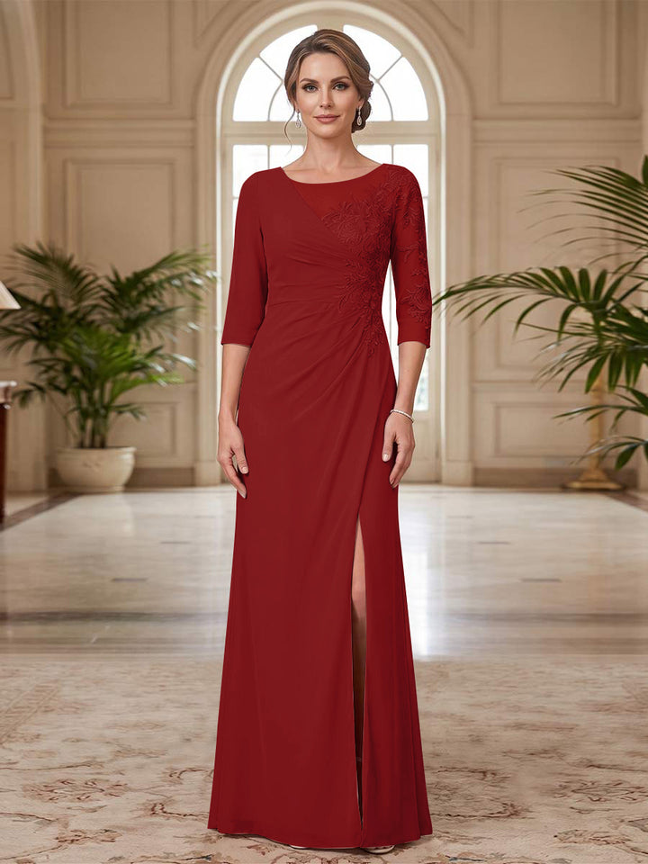 Sheath/Column Scoop 3/4 Sleeves Floor-length Mother of the Bride Dresses with Split Side &amp; Appliques