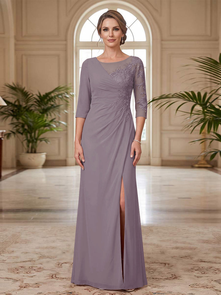 Sheath/Column Scoop 3/4 Sleeves Floor-length Mother of the Bride Dresses with Split Side &amp; Appliques