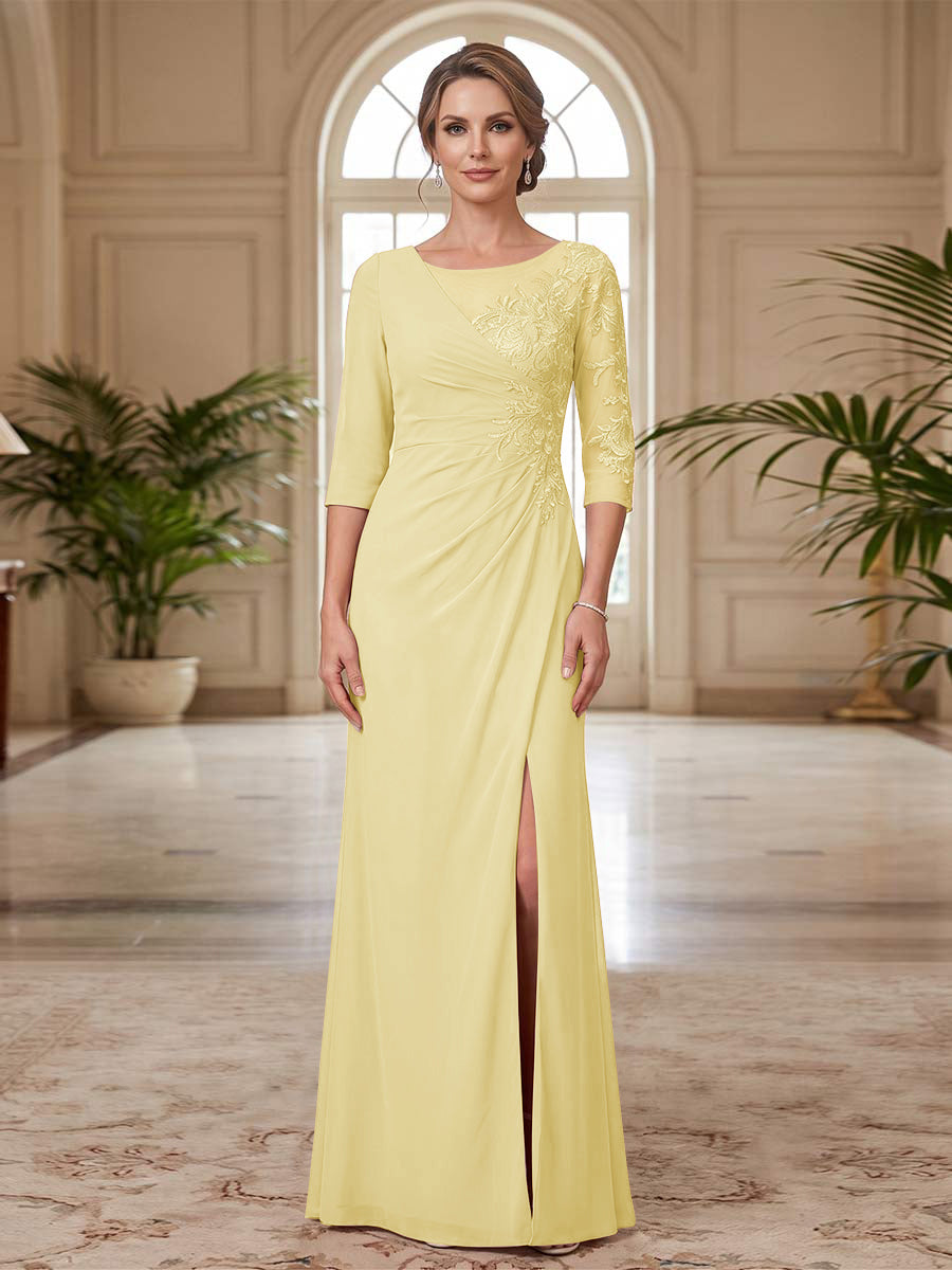 Sheath/Column Scoop 3/4 Sleeves Floor-length Mother of the Bride Dresses with Split Side &amp; Appliques