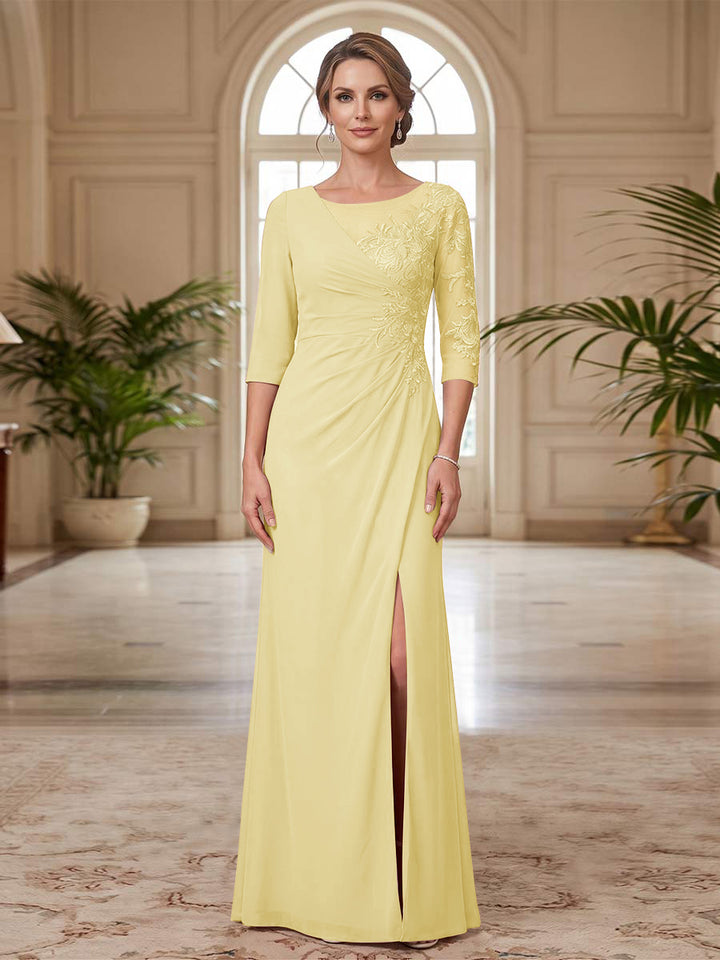 Sheath/Column Scoop 3/4 Sleeves Floor-length Mother of the Bride Dresses with Split Side &amp; Appliques