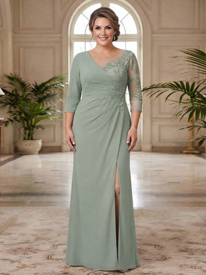 Sheath/Column Scoop 3/4 Sleeves Floor-length Plus Size Mother of the Bride Dresses with Split Side & Appliques