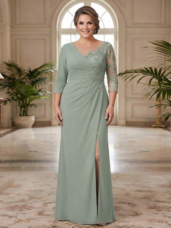 Sheath/Column Scoop 3/4 Sleeves Floor-length Plus Size Mother of the Bride Dresses with Split Side &amp; Appliques