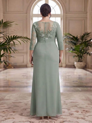 Sheath/Column Scoop 3/4 Sleeves Floor-length Plus Size Mother of the Bride Dresses with Split Side & Appliques