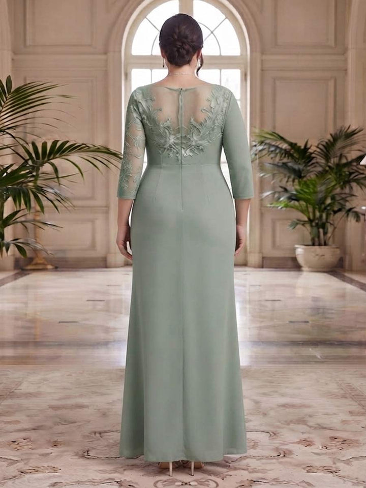 Sheath/Column Scoop 3/4 Sleeves Floor-length Plus Size Mother of the Bride Dresses with Split Side &amp; Appliques