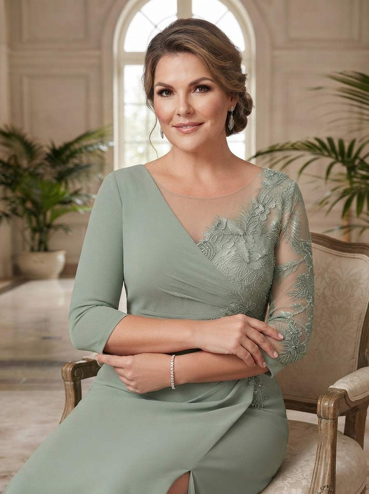 Sheath/Column Scoop 3/4 Sleeves Floor-length Plus Size Mother of the Bride Dresses with Split Side &amp; Appliques