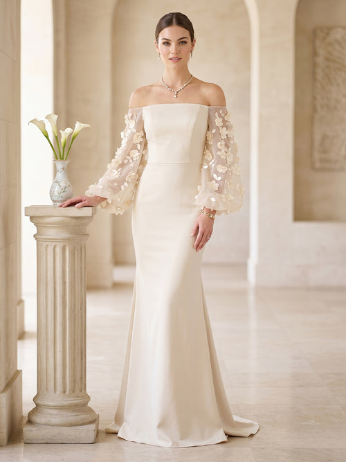 Trumpet/Mermaid Off-the-Shoulder Puff sleeves Floor-Length Formal Dresses With 3D Floral