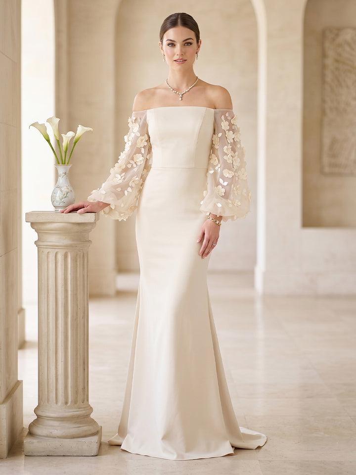 Trumpet/Mermaid Off-the-Shoulder Puff sleeves Floor-Length Formal Dresses With 3D Floral