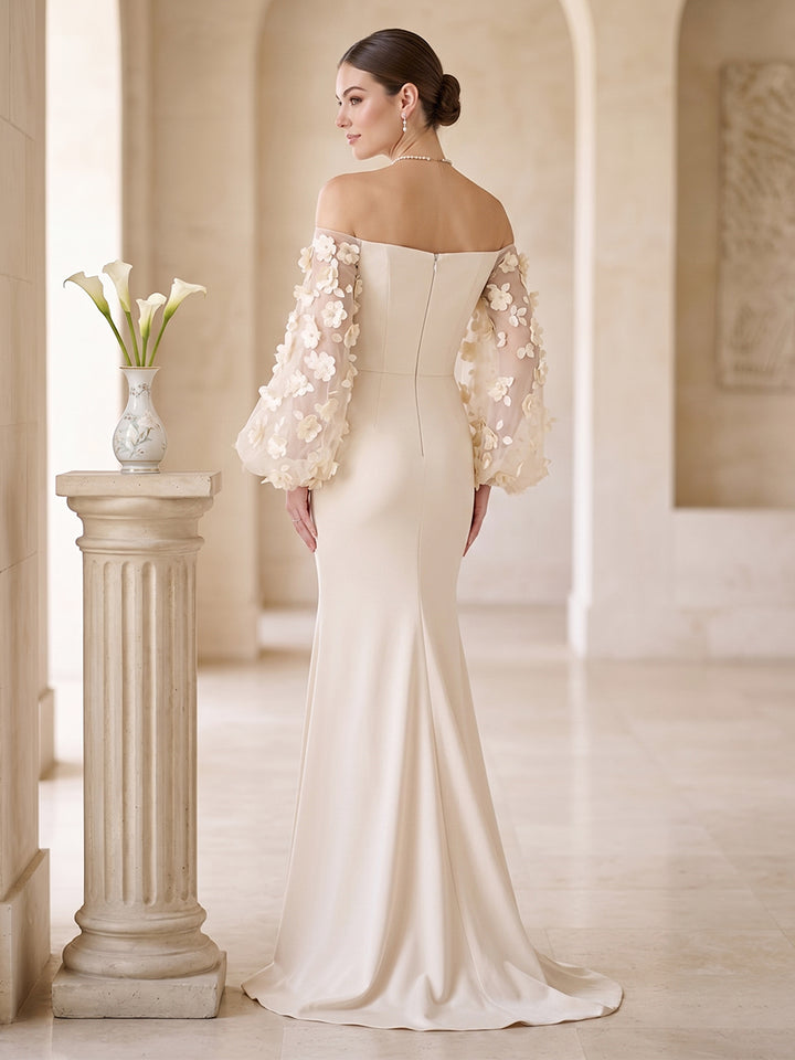 Trumpet/Mermaid Off-the-Shoulder Puff sleeves Floor-Length Formal Dresses With 3D Floral