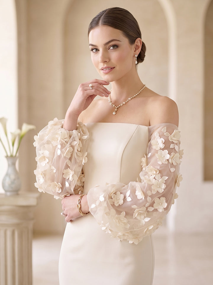 Trumpet/Mermaid Off-the-Shoulder Puff sleeves Floor-Length Formal Dresses With 3D Floral
