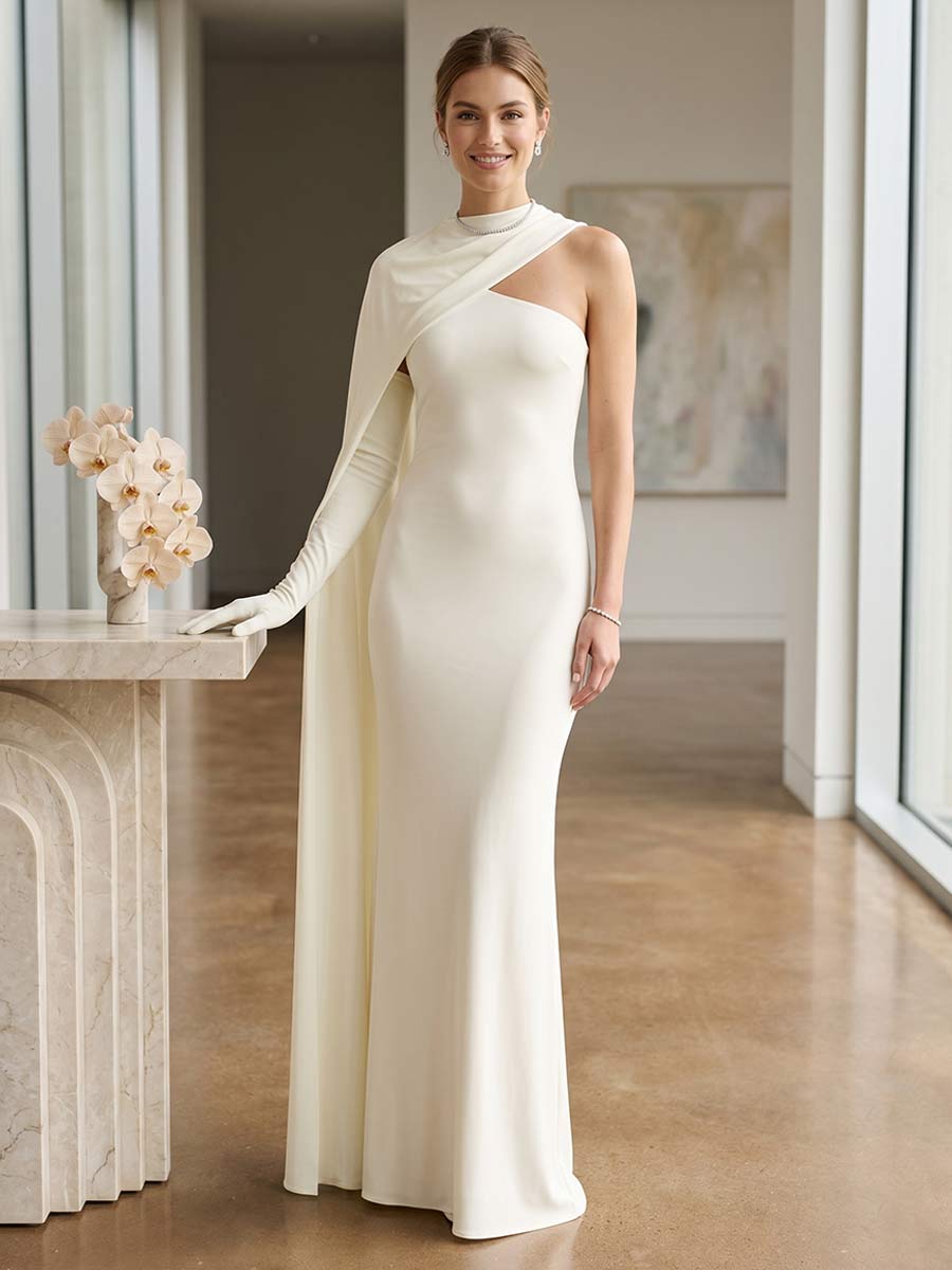 Sheath/Column High-Neck One Long Cape-Sleeve Floor-Length Formal Dresses With Ruched
