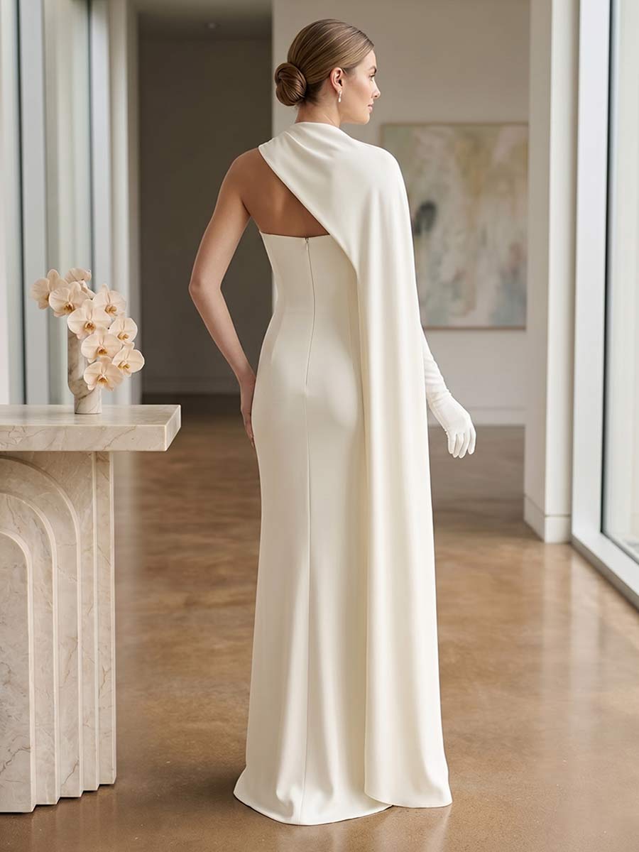 Sheath/Column High-Neck One Long Cape-Sleeve Floor-Length Formal Dresses With Ruched