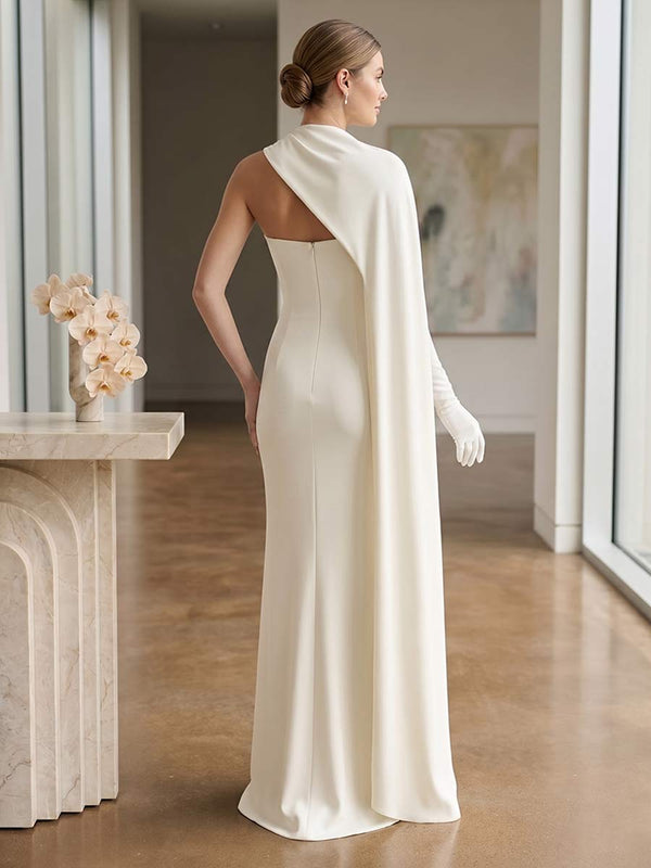 Sheath/Column High-Neck One Long Cape-Sleeve Floor-Length Formal Dresses With Ruched