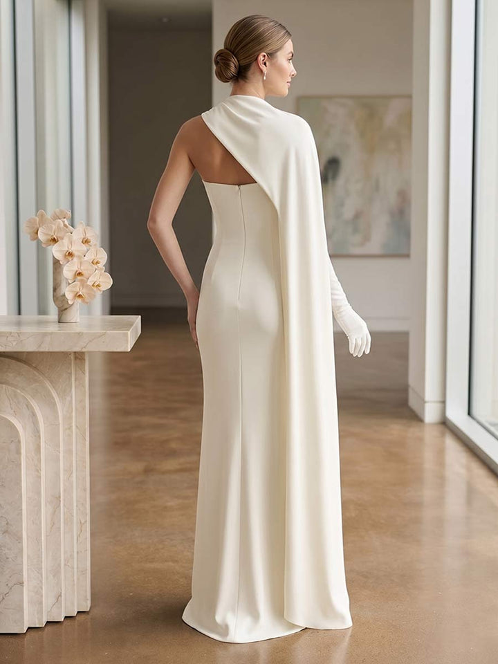 Sheath/Column High-Neck One Long Cape-Sleeve Floor-Length Formal Dresses With Ruched