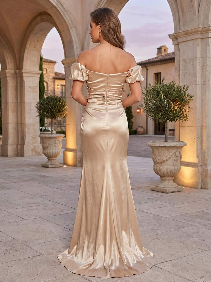 Sheath/Column Off-the-Shoulder Sleeveless Floor-Length Formal Dresses With Split Side &amp; Ruched