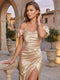 Sheath/Column Off-the-Shoulder Sleeveless Floor-Length Formal Dresses With Split Side & Ruched