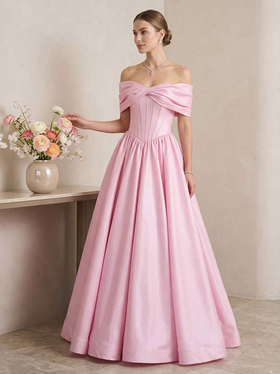 A-Line/Princess Off-the-Shoulder Sleeveless Floor-Length Prom Dresses With Pleats &amp; Bowknot