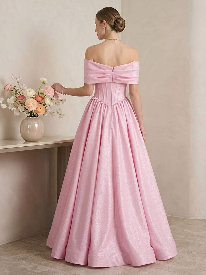 A-Line/Princess Off-the-Shoulder Sleeveless Floor-Length Prom Dresses With Pleats &amp; Bowknot