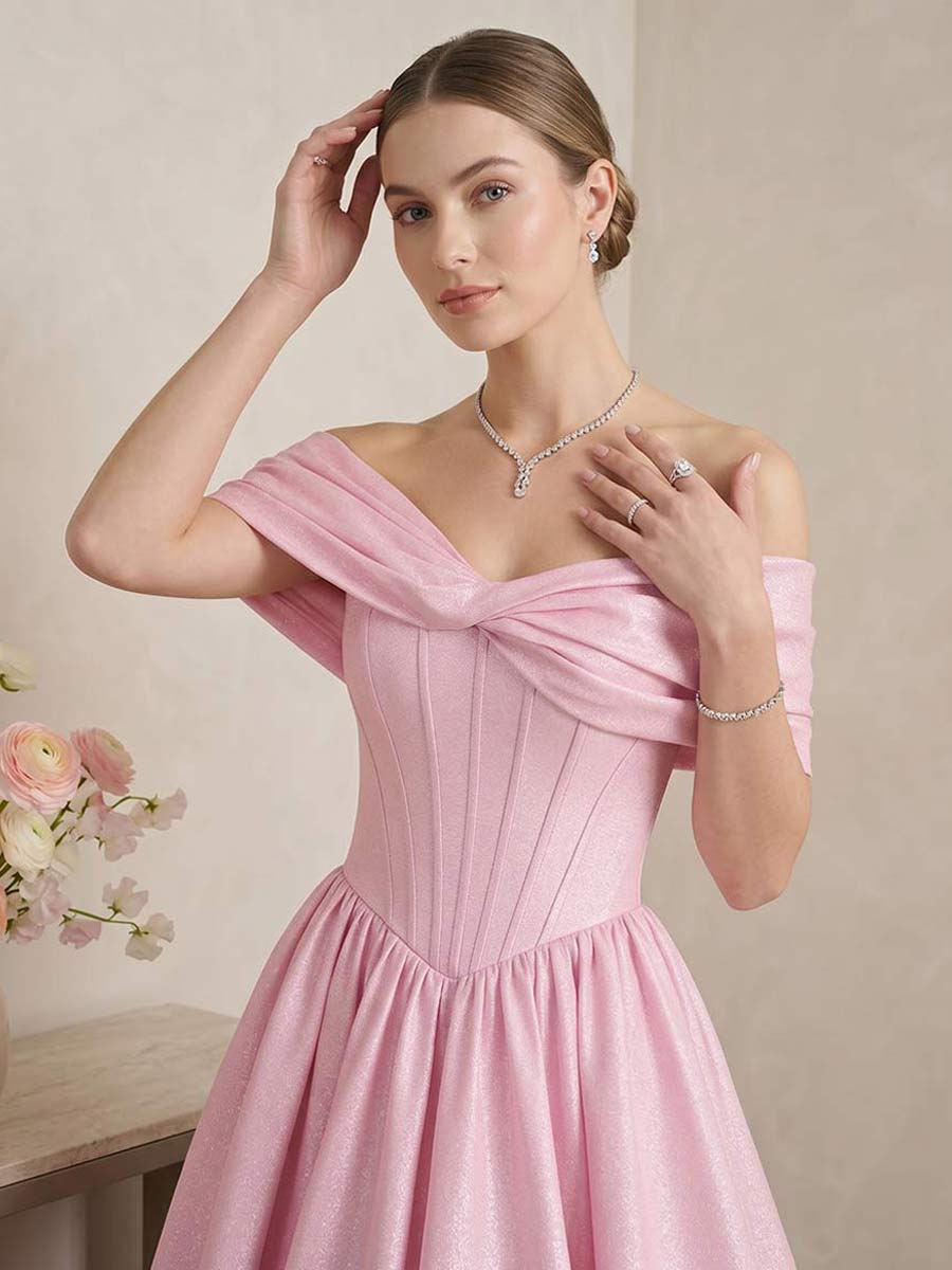 A-Line/Princess Off-the-Shoulder Sleeveless Floor-Length Prom Dresses With Pleats &amp; Bowknot