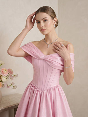 A-Line/Princess Off-the-Shoulder Sleeveless Floor-Length Prom Dresses With Pleats & Bowknot