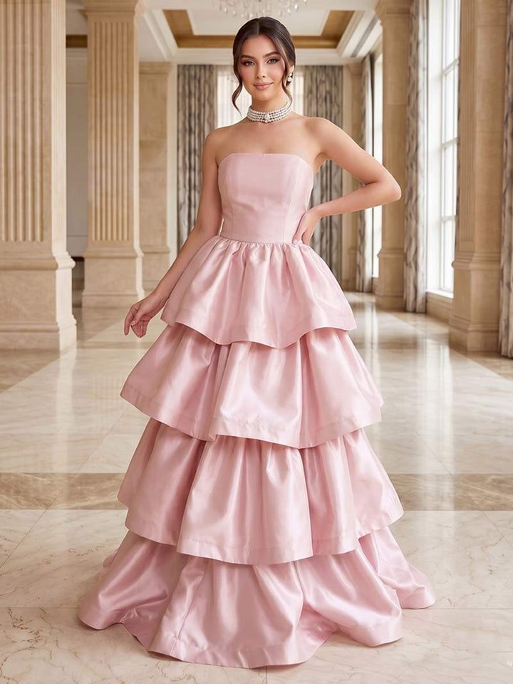 A-Line/Princess Strapless Sleeveless Floor-Length Prom Dresses With Ruffles