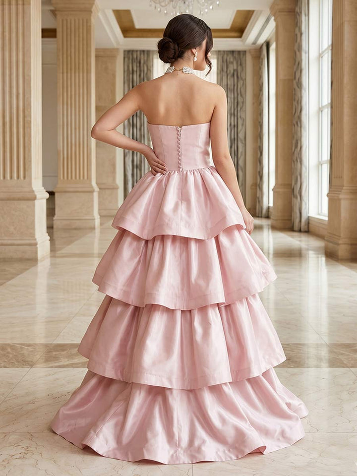 A-Line/Princess Strapless Sleeveless Floor-Length Prom Dresses With Ruffles