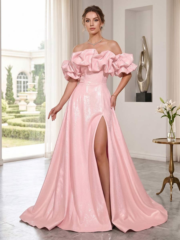 A-Line/Princess Off-the-Shoulder Sleeveless Floor-Length Prom Dresses With Split Side &amp; Sequins