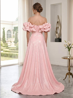 A-Line/Princess Off-the-Shoulder Sleeveless Floor-Length Prom Dresses With Split Side & Sequins