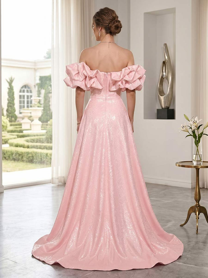 A-Line/Princess Off-the-Shoulder Sleeveless Floor-Length Prom Dresses With Split Side &amp; Sequins