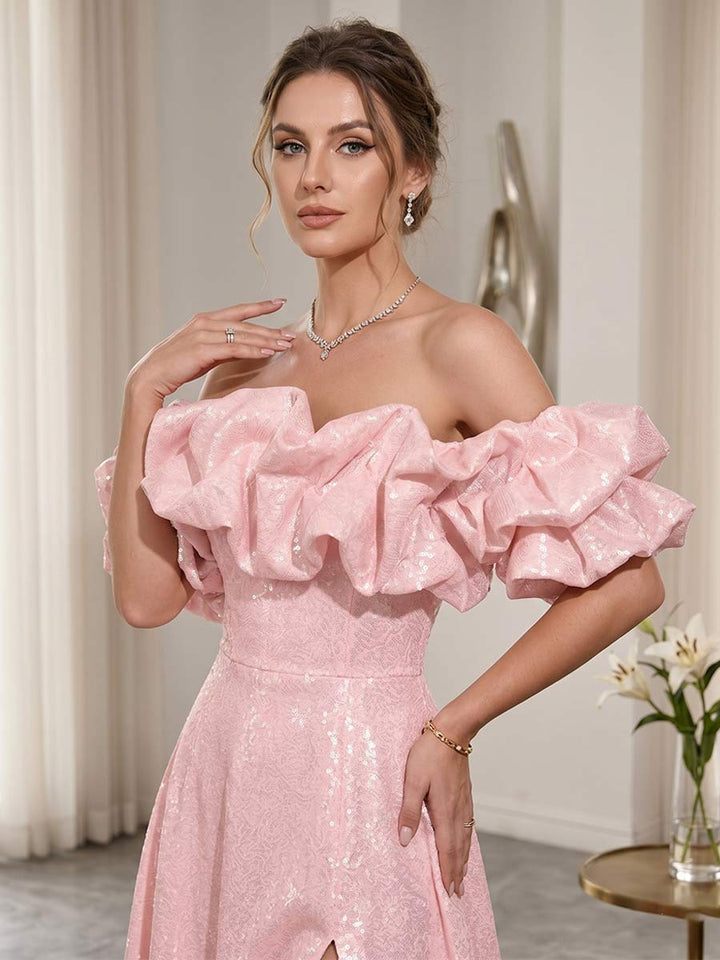 A-Line/Princess Off-the-Shoulder Sleeveless Floor-Length Prom Dresses With Split Side &amp; Sequins