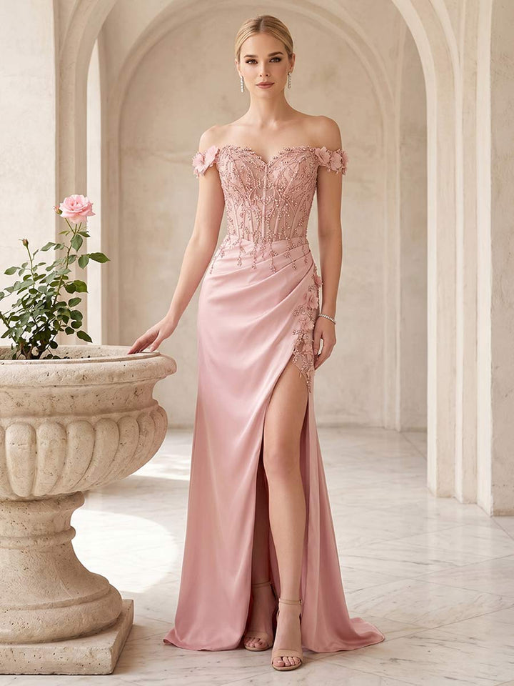Sheath/Column Off-the-Shoulder Sleeveless Floor-Length Prom Dresses With Split Side &amp; Applique