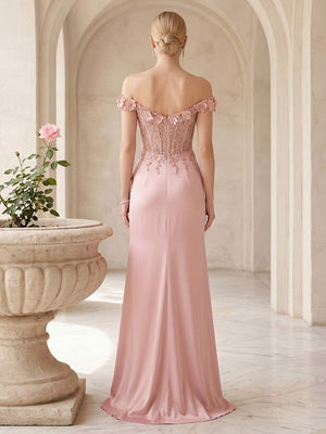 Sheath/Column Off-the-Shoulder Sleeveless Floor-Length Prom Dresses With Split Side & Applique